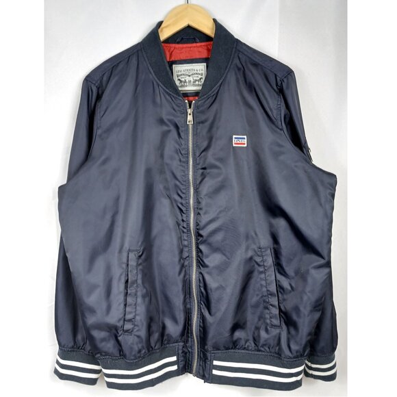 Levi's Retro Stripe Rib Knit Satin Bomber Jacket in Navy Blue Like New - Picture 4 of 9